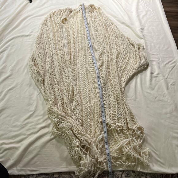 Cream Fringe Knit Crochet Long Cardigan Sweater Sz M/L Boho Coverup - Picture 8 of 8